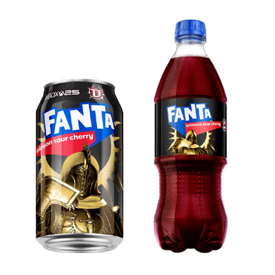 Fanta Crimson Sour Cherry bottle and can